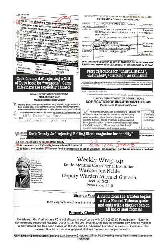 Cook County Jail rejecting a Call of Duty book for ‘weapons”. Game Informers are explicitly banned LLINOIS DEPARTENT OF CORRECTIONS. NOTIFICATION OF UNAUTHORIZED ITEMS Prckneie Corecions Cane 0 et Mok e sl gt o osher ey rar. | o s e e e o iy | “* ok 5 e e = Weekly Wrap-up o Kettle Moraine Correctional Institution = Warden Jon Noble == Deputy Warden Michael Gierach =) Aprl 30, 2021 Population: 1110 TP, oo trom the Warden begins ‘with a Harrit Tubman quote and ends with a blanket ban on all books sent from us B advised, Go Viral Volume 46 s notalwed naccodance with DAI 306,00 50 Pamography ~Nudty ‘Commerialy Pubished Mataril As o 47721 1o DA Securty Cia has eviawe th am an e matanal e how denid and has been aced on the DAI Dnied Pubkadon L e posied 1 1bray B¢ i s 1t 15 over changng and i fems rcawed s st roviw Nowe Efecive immerdatey pr the DAY Securty Chil we wil 10 e accaping bk rom it Bccs e Freaners